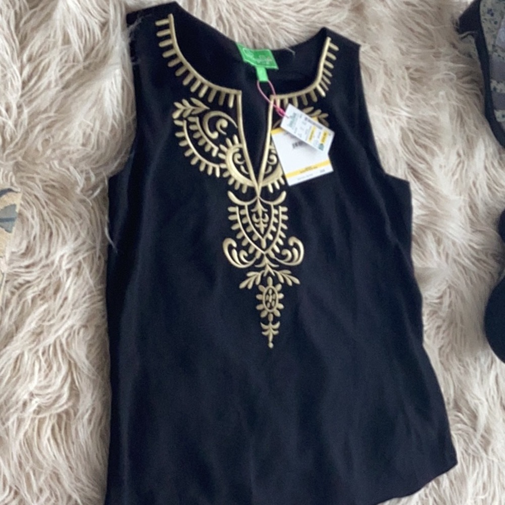 Pappagallo Black With Gold Embroidery size M sleeveless lightweight top NEW